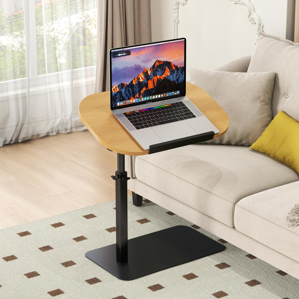 YUTVCZO Solid Wood C Shaped Side Table Adjustable Height,360°Swivel Side Table for Sofa and Bed