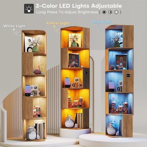 64.8 " Corner Wood Bookcase with Body Sensor LED for Home Office,Natural