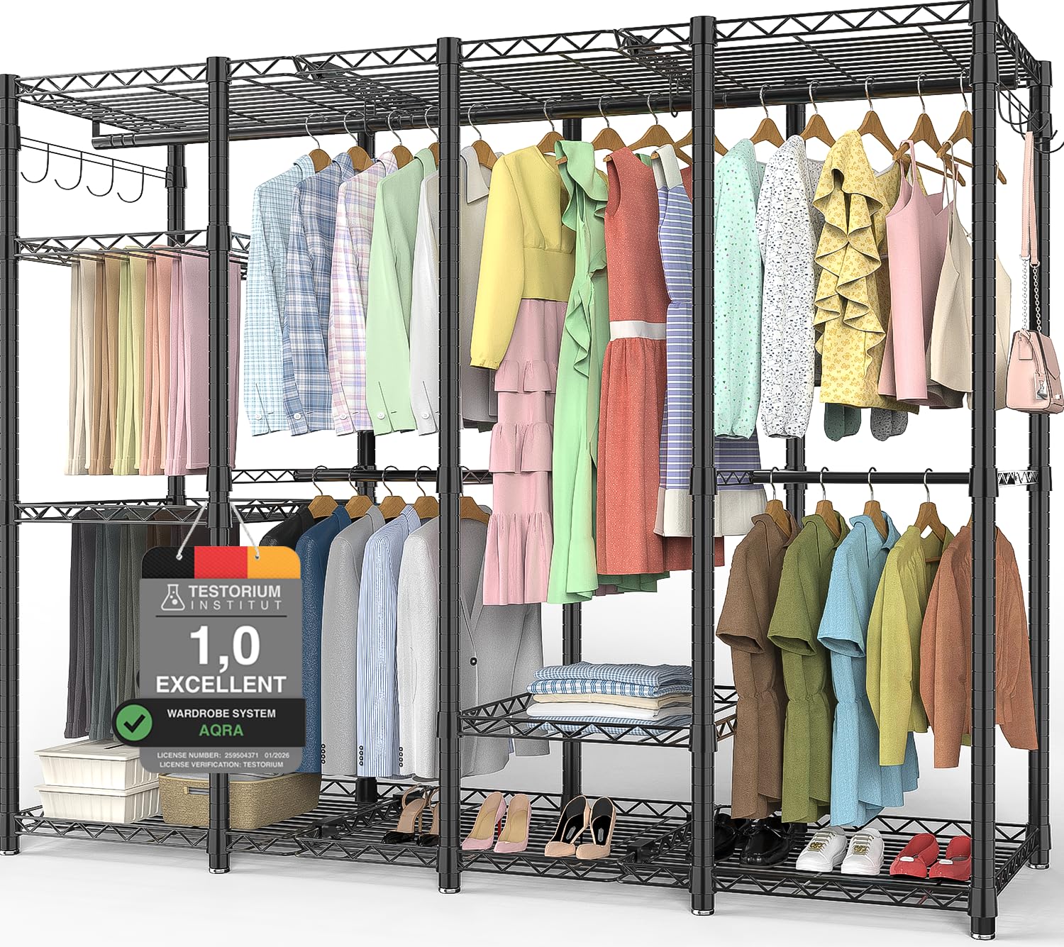 AQRA Metal Open Wardrobe, Heavy Duty Clothes Rail, 4 Assembly Ways, Black