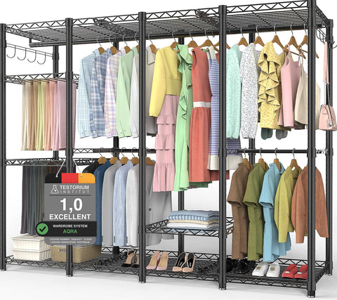 AQRA Metal Open Wardrobe, Heavy Duty Clothes Rail, 4 Assembly Ways, Black
