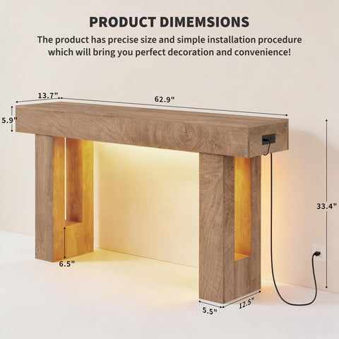 Crevyteg Farmhouse Console Table with Integrated Charging Station and Automatic Sensor Light