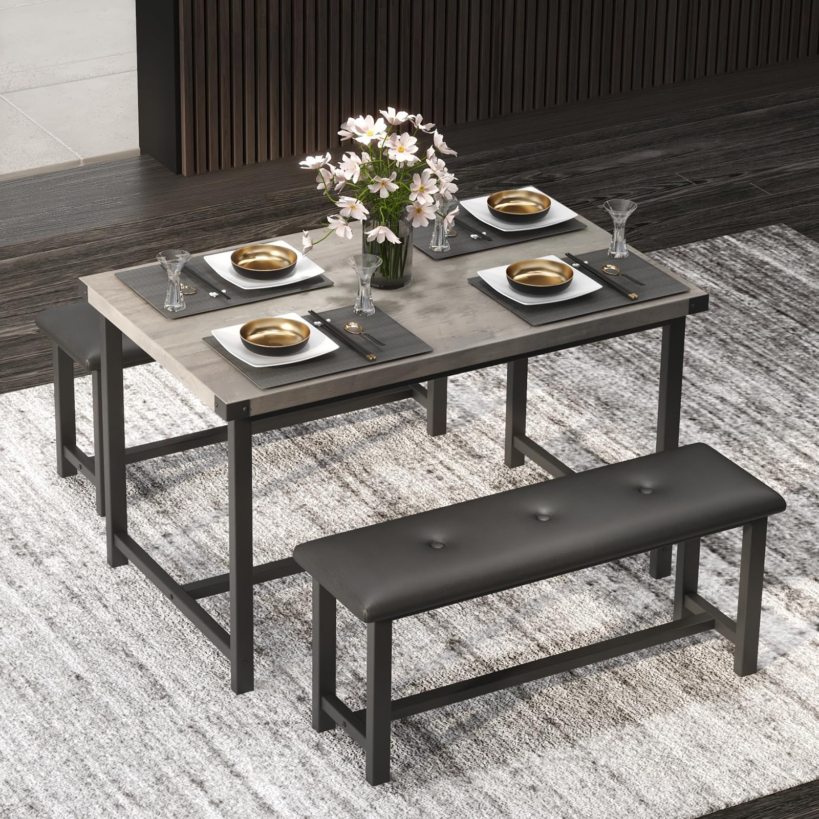Crevyteg Modern Industrial 3-Piece Dining Table Set for 4 with 2 Upholstered Benches, Space-Saving Kitchen Table Set for Small Spaces