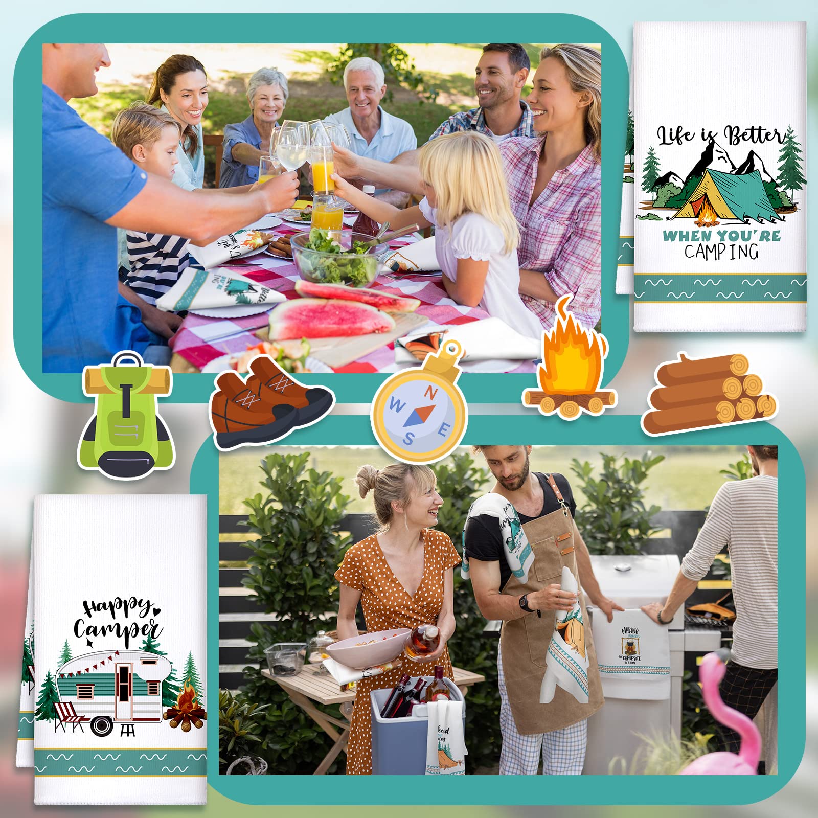 Set of 6 White Absorbent Camping Kitchen Towels - 24 x 16 Inches with Funny Sayings - Novelty Gifts for RV Campers