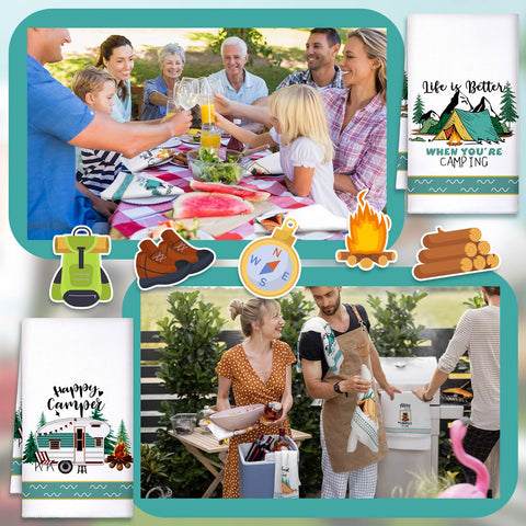 Set of 6 White Absorbent Camping Kitchen Towels - 24 x 16 Inches with Funny Sayings - Novelty Gifts for RV Campers