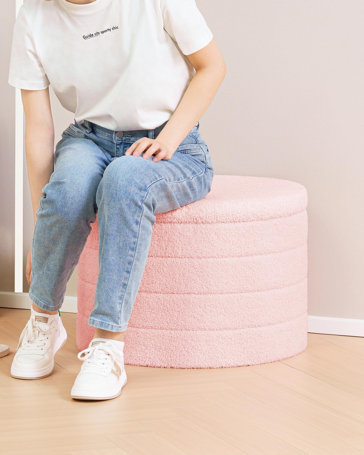Bonlife Extra Large Folding Round Ottoman with Storage,Boucle Ottoman Stool, Footstool Seat Coffee Table,Toy Box Storage,Footrest Stool for Living