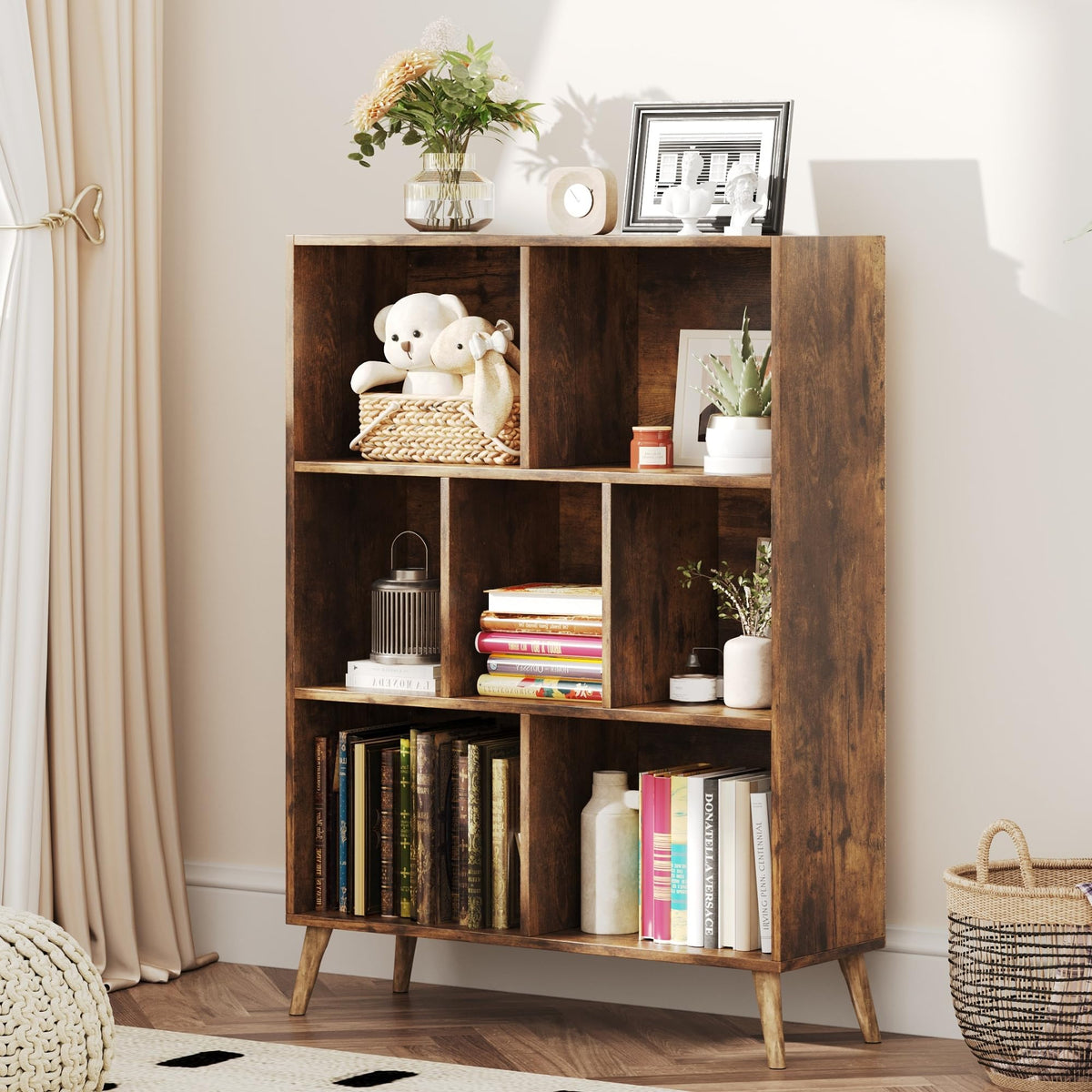 CAIYUN 7 Cube Bookshelf, 3 Tier Modern White Bookcase with Legs, 31 inch Wooden Book Shelf, Toy Storage Organizer