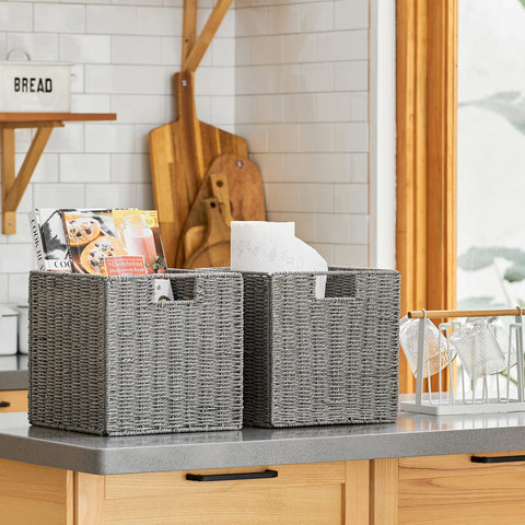 Vagusicc 2-Pack Wicker Storage Basket with Handles, Foldable Storage Organizer Bins for Shelves