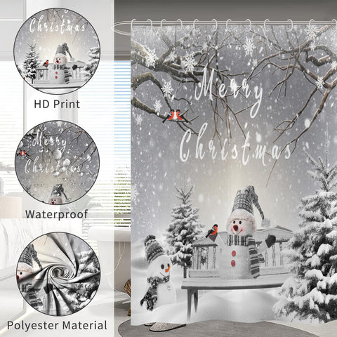 Hnmdmyi Christmas Shower Curtain 180x200, Winter Snowman Snowflake Xmas Tree Cardinal Bird Holiday Grey Bathroom Curtains with Hooks Waterproof