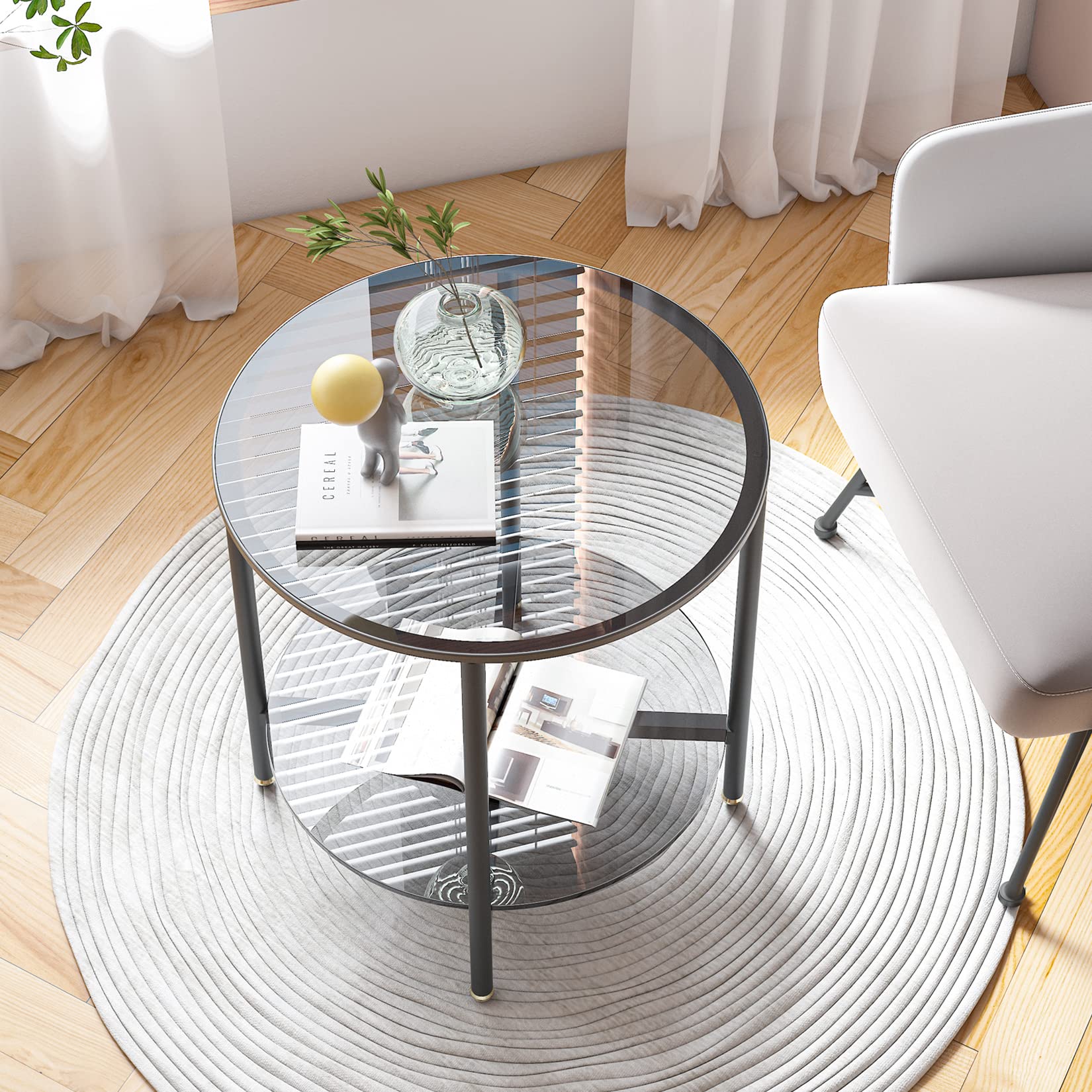 Artloge Glass Round Side Table Small: 2 Tiers End Tables Circle Diameter 50cm Slim Bedside Tables Grey Tinted Tempered Glass Top with Black Metal