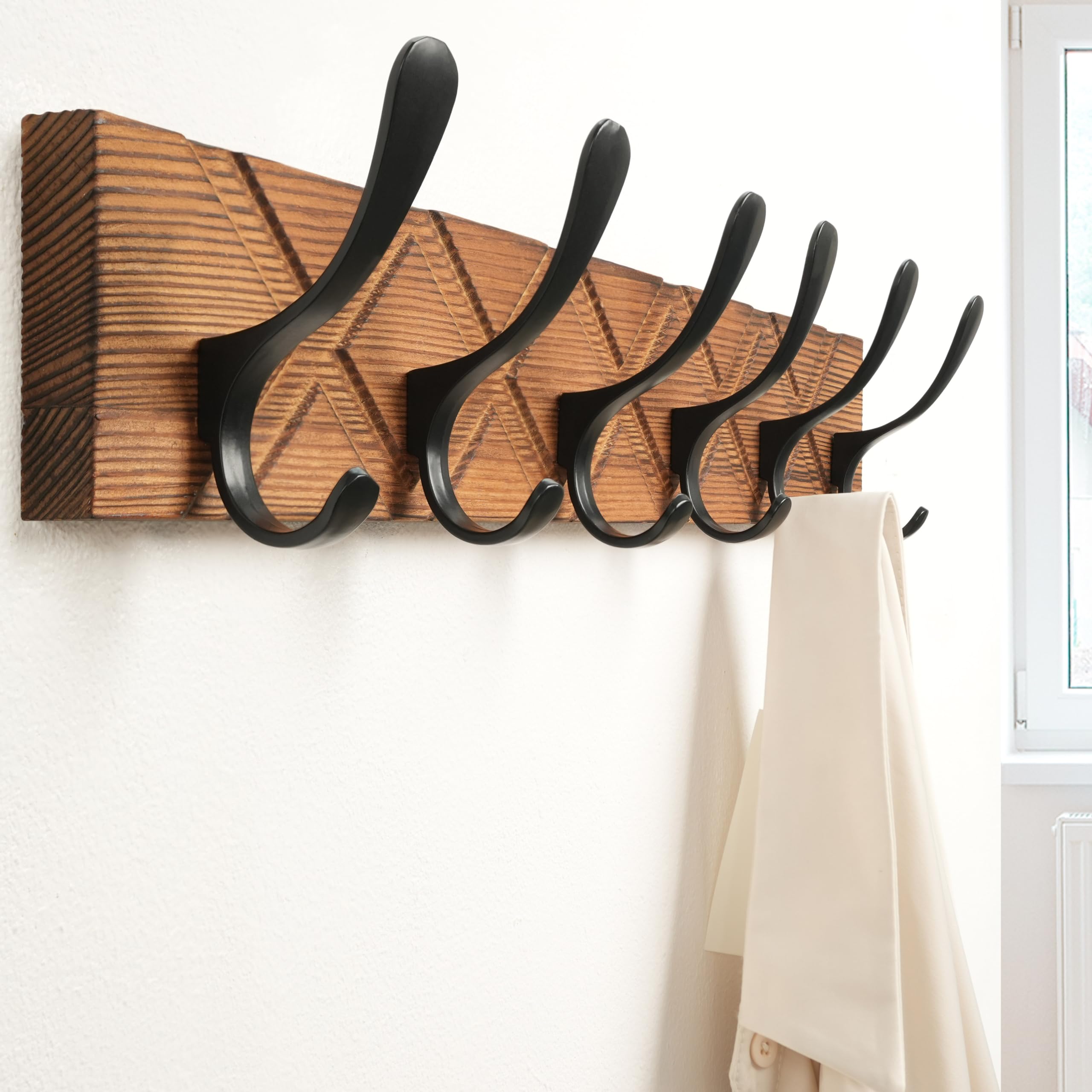 SKOLOO Coat Rack Wall Mount - Antique Wooden Carved- X Cross Coat Hook, Wall Coat Hanger with 6 Hooks for Hanging Coats, Hats, Clothing, Scarfs