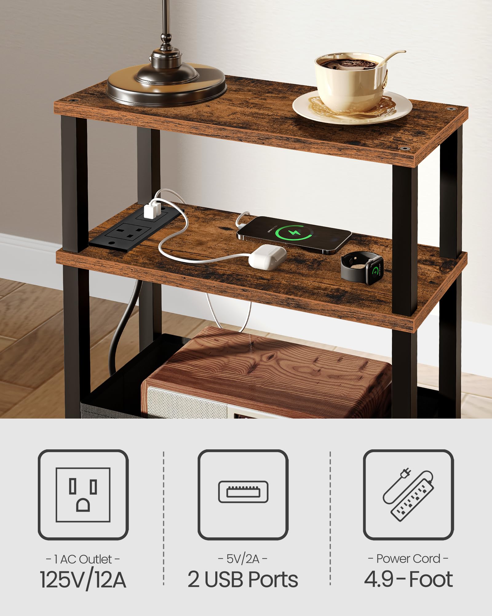 CHOEZON Slim Side Table with Charging Station, 3-Tier Narrow Side Table with Drawer, Skinny Bedside Table, End Table for Small Spaces, for Bedroom