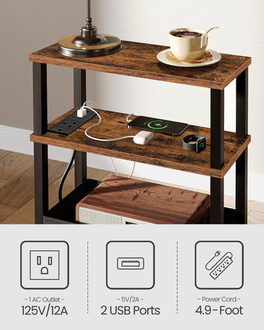 CHOEZON Slim Side Table with Charging Station, 3-Tier Narrow Side Table with Drawer, Skinny Bedside Table, End Table for Small Spaces, for Bedroom