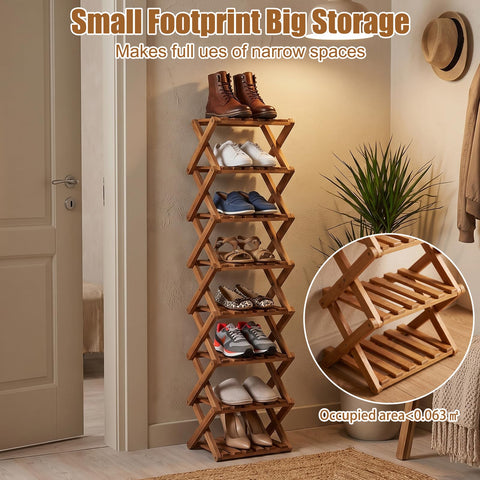 Kiss Me Vertical Shoe Rack, Portable Folding Wooden Storage, 8 Tier Brown