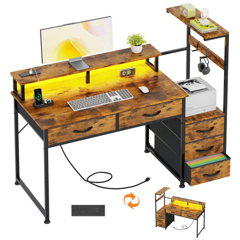 WEMANER 120cm Computer Desk with 5 Fabric Drawers, Reversible Home Office Desk with Printer Cabinet, Writing Desk with Monitor Stand & Power Outlets