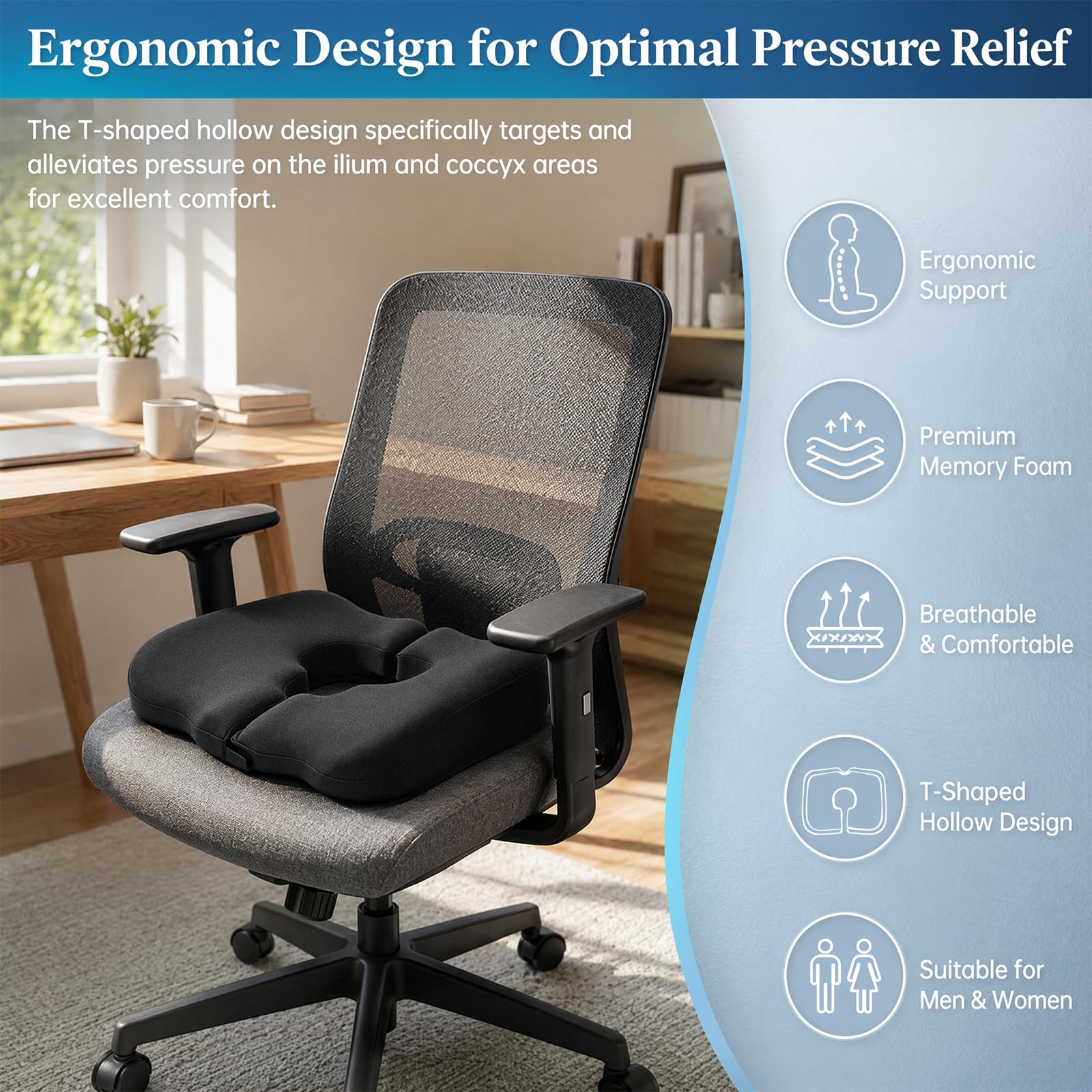 Memory Foam Coccyx Cushion with T-Shaped Cutout for Tailbone Pain Relief