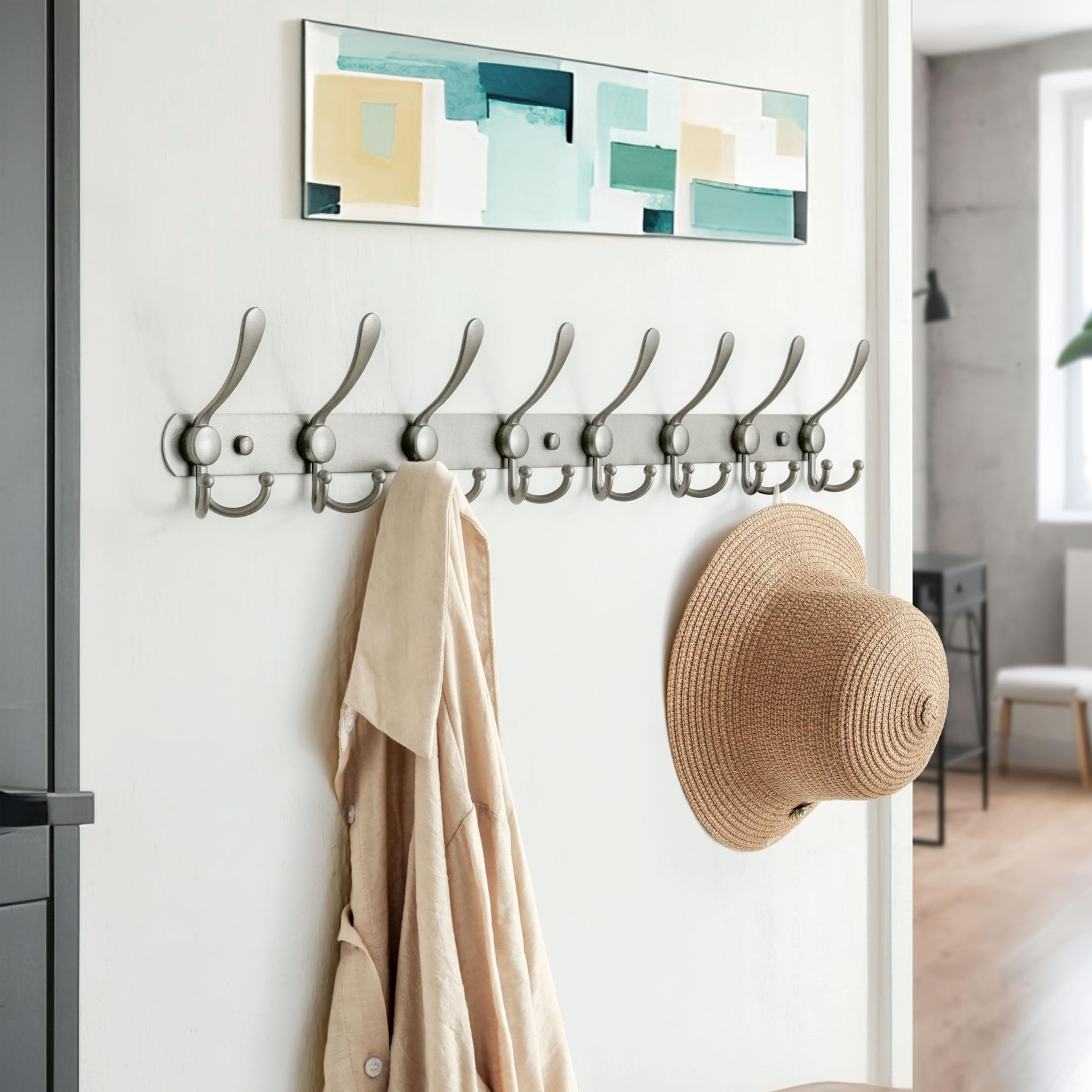 Dseap Coat Rack Wall Mount - 74cm Long 8-Tri-Hooks Heavy Duty Coat Hanger Rail Wall Hooks for Hanging Coats Hats Clothing Clothes Purse Mudroom