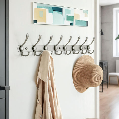 Dseap Coat Rack Wall Mount - 74cm Long 8-Tri-Hooks Heavy Duty Coat Hanger Rail Wall Hooks for Hanging Coats Hats Clothing Clothes Purse Mudroom