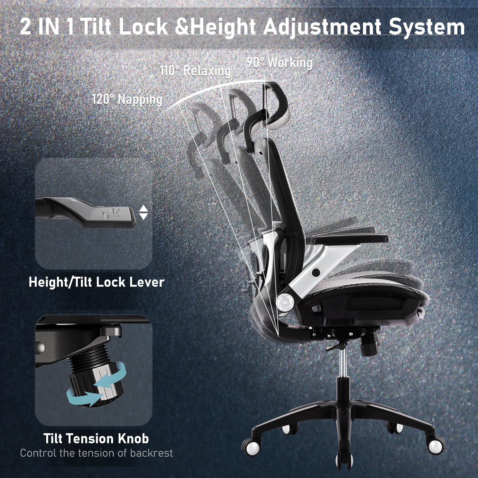 COLAMY Ergonomic Mesh Office Chair with Footrest, High Back Computer Chair with Lumbar Support, 4D Flip-up Armrests, Adjustable Headrest, Tilt Lock