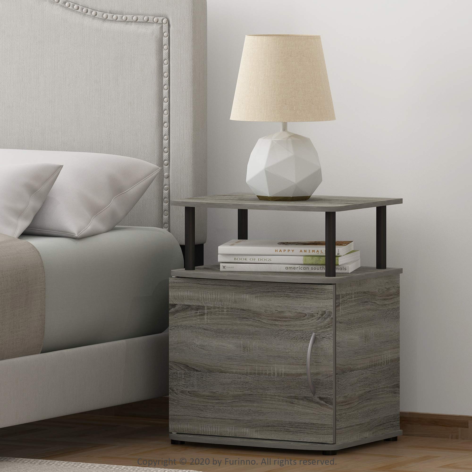 Furinno JAYA Side Table Set of 2, 2-Tier Open Shelf End Table with Door Cabinet, Soft-edges Night Stand, Bedside Table, for Living Room, Bedroom
