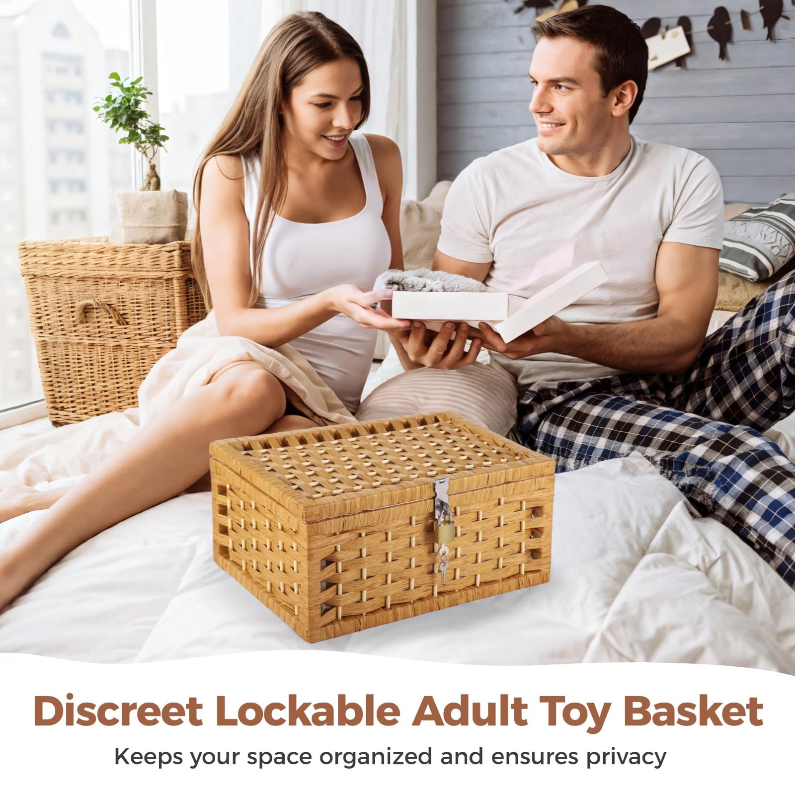 Wicker Basket with Lidt, Discreet Adult Toy Basket with Lid & Lock, Woven Paper Rope Organizer with Wooden Frame, Gray Floral Lining