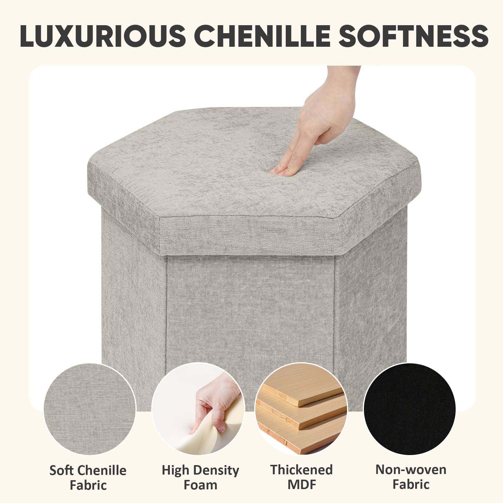 PINPLUS Chenille Ottoman Storage Box, Hexagonal Folding Stool, Silver Grey