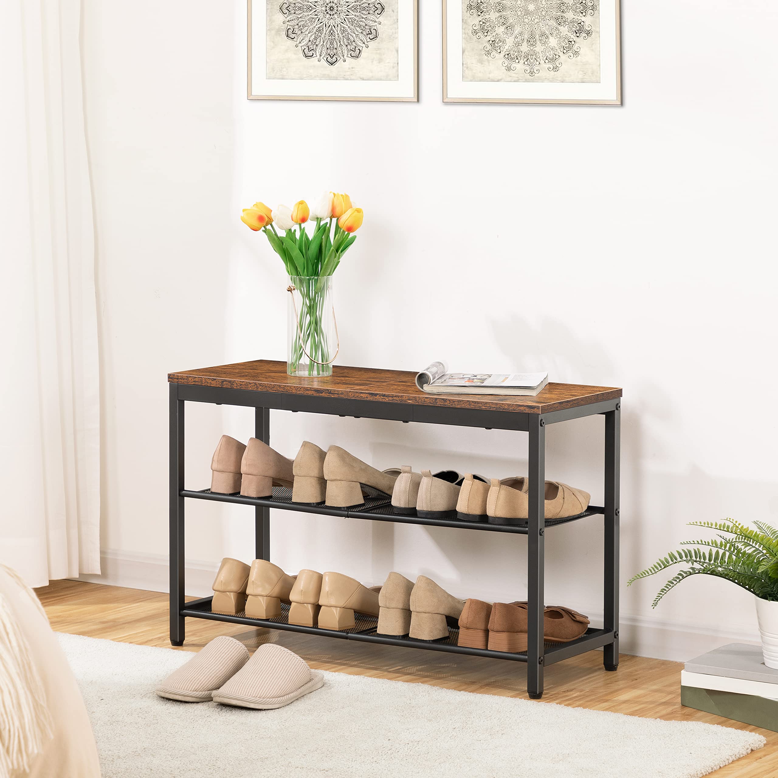 HOOBRO Shoe Rack, 3-Tier Shoe Bench with 2 Mesh Shelves, Shoe Storage Bench with Seat, for Entryway, Hallway, Living Room, Small Space, Easy Assembly