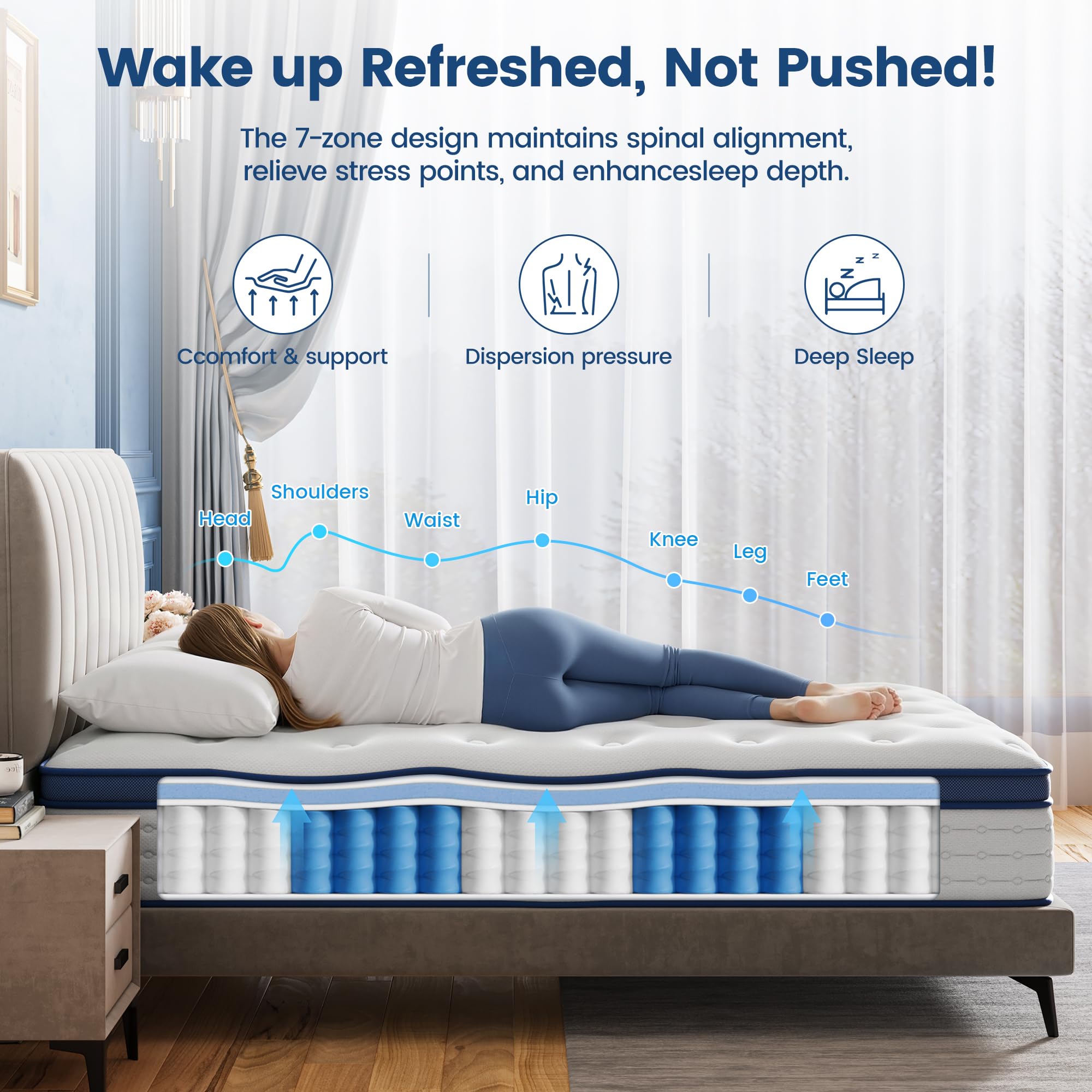 BedStory Small Double Mattress, 10.3 Inch Hybrid Mattress, 7-Zone Mattress with Breathable Foam and Individually Pocket Sprung Firm- Extra Lumbar
