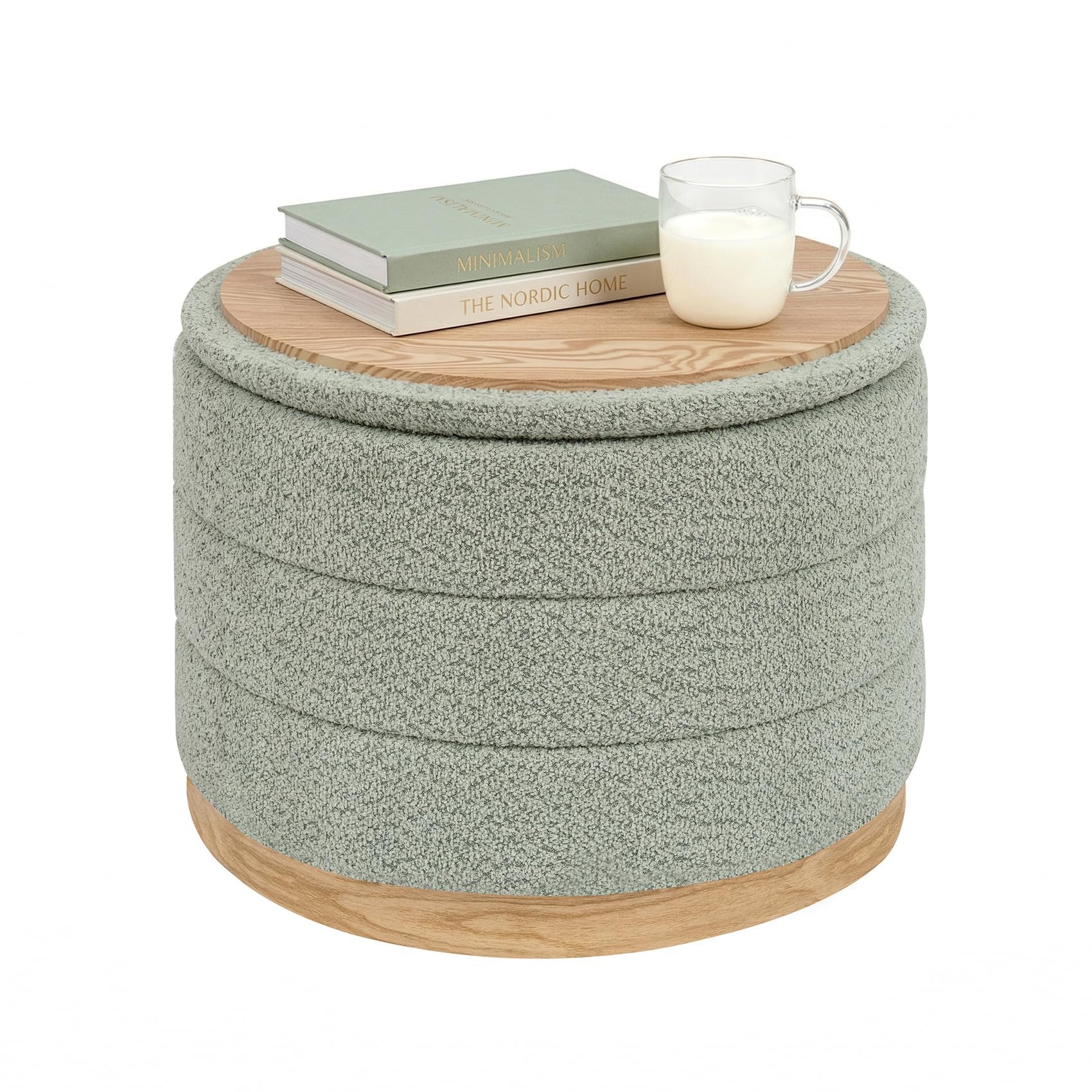 PINPLUS Round Chenille Storage Ottoman, Tray Top, 58x58x44 cm, Sage Green