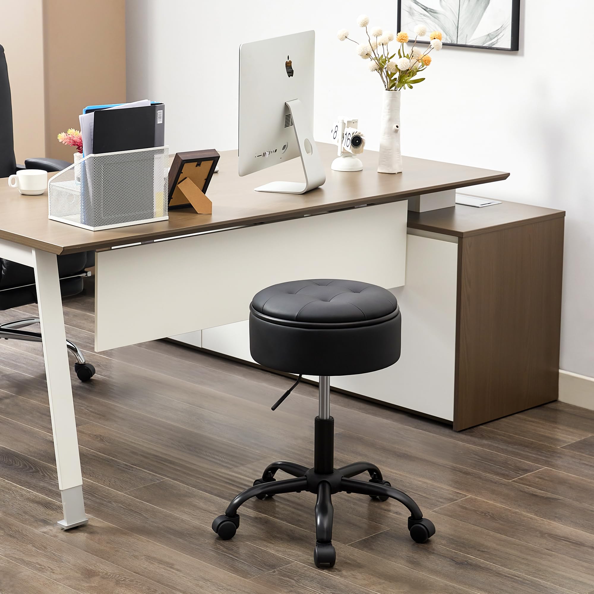 FIRAVOE Drafting Chair with Storage, Adjustable Leather Drafting Stool 52.5–62.5 cm, Black Rolling Office Stool