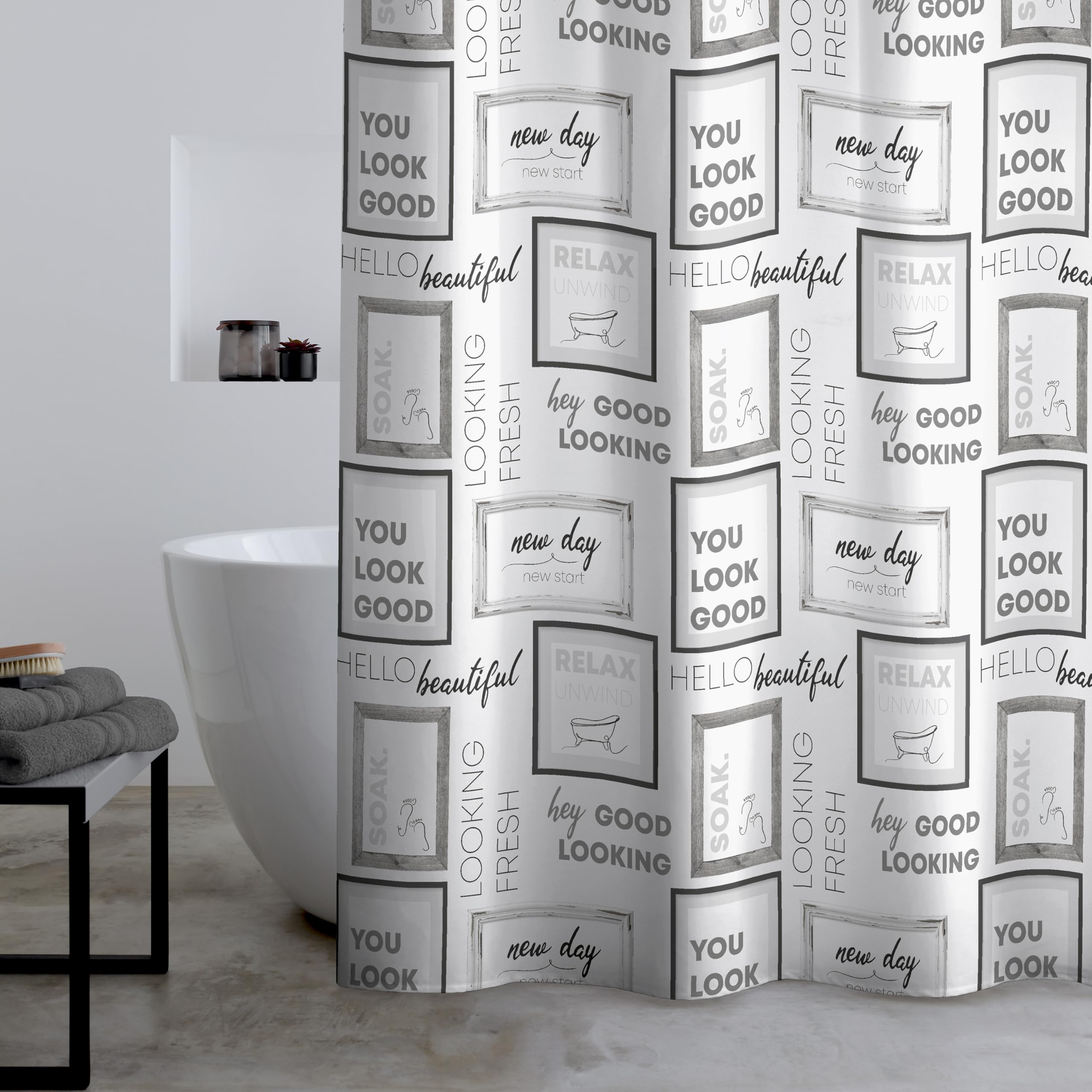 Catherine Lansfield Relax and Unwind 180x180cm Shower Curtain Grey/Black