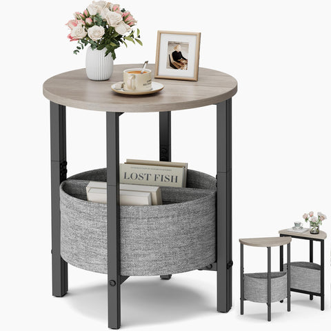 Vagusicc Side Table, Round End Table with Fabric Basket, Small Coffee Table, Set of 2 Half Moon Entry Table, Accent Table Bedside Table
