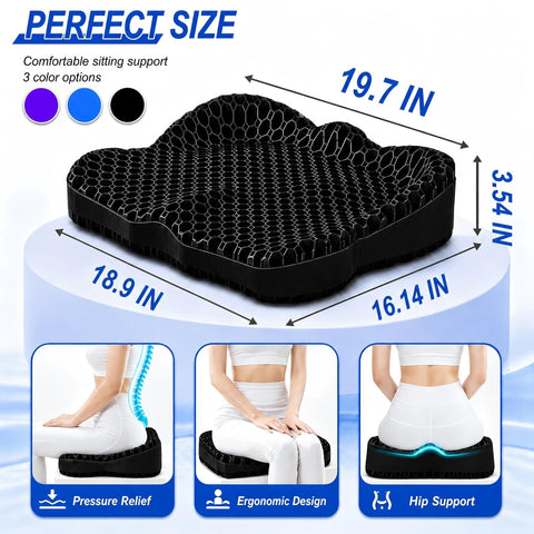 Airllantry Thicken 19.7in Seat Cushion, Gel Seat Cushion for Long Sitting–Office Chair, Wheelchair, Car Pad, Large Cooling Support Pad for Back Pain