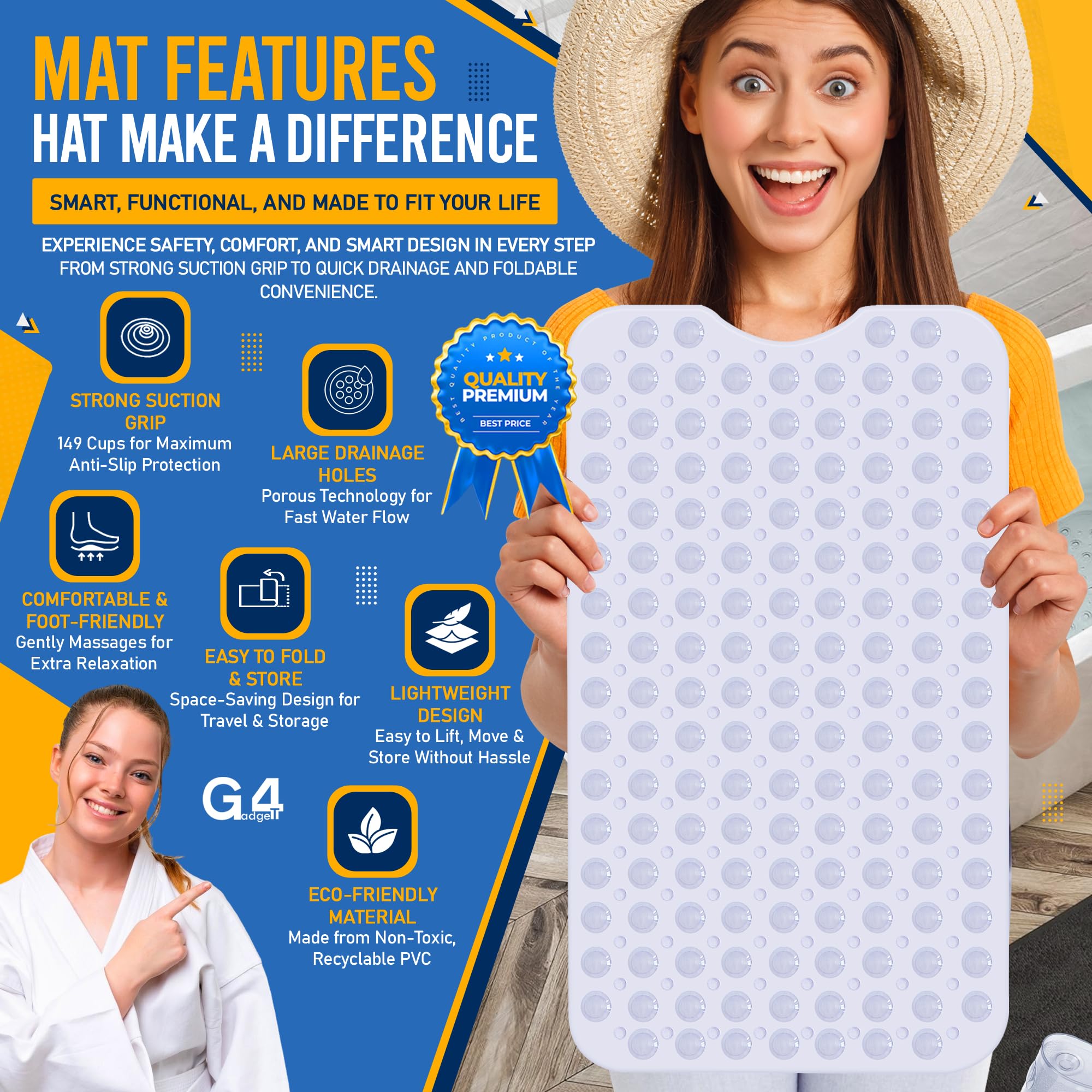Bath Mat Non Slip Anti Mould 70cm x 38cm With Strong Suction Cups & Drain Holes Shower Mats PVC Bathroom Mat Machine Washable