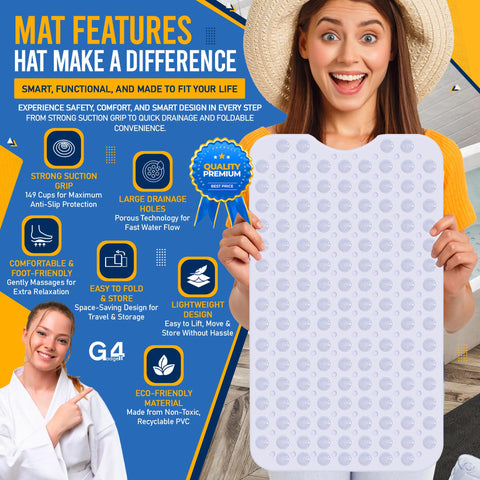 Bath Mat Non Slip Anti Mould 70cm x 38cm With Strong Suction Cups & Drain Holes Shower Mats PVC Bathroom Mat Machine Washable