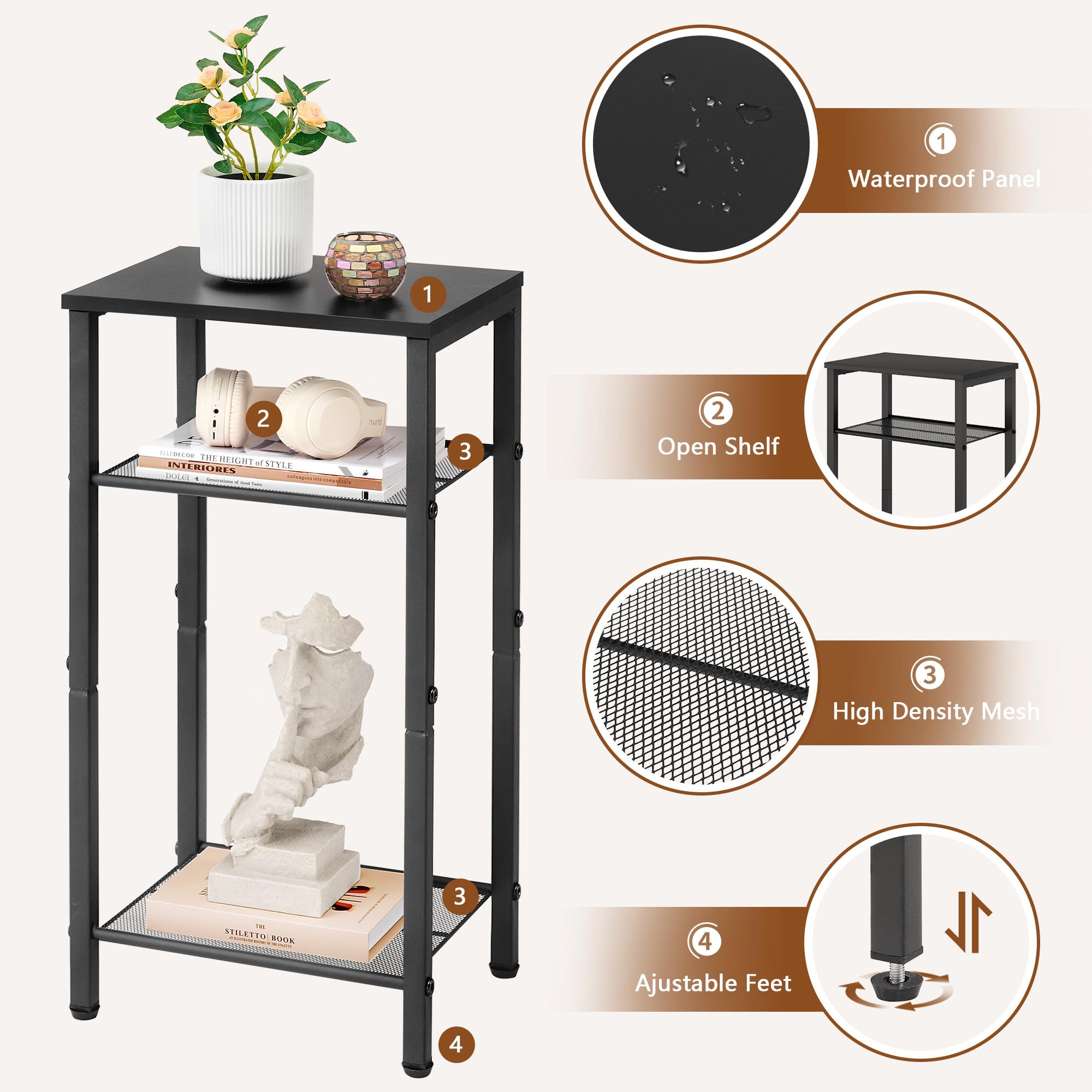 Hoctieon 3 Tier End Table, Telephone Table, Tall Side Table with Storage, Small Nightstand for Small Spaces, Metal Frame, For Living Room, Bedroom