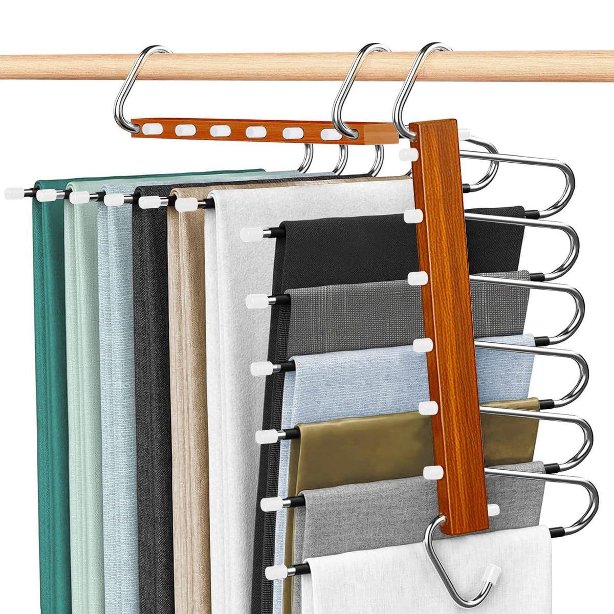 Trouser Hangers Space-Saving, 2 Pack Wooden Foldable with Anti-Slip Hooks