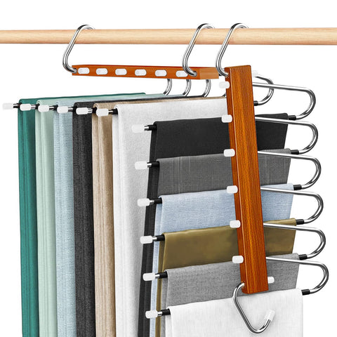 Trouser Hangers Space-Saving, 2 Pack Wooden Foldable with Anti-Slip Hooks