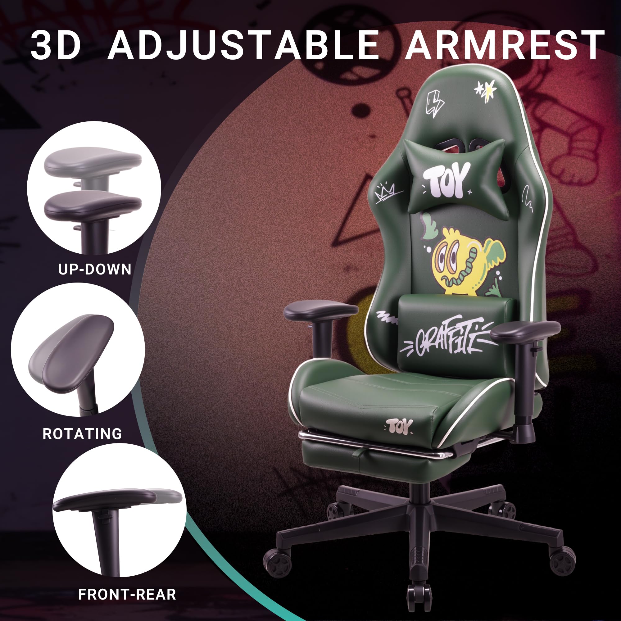play haha Gaming Chair with Footrest, Ergonomic Reclining Gamer Chair with Adjustable Armrests