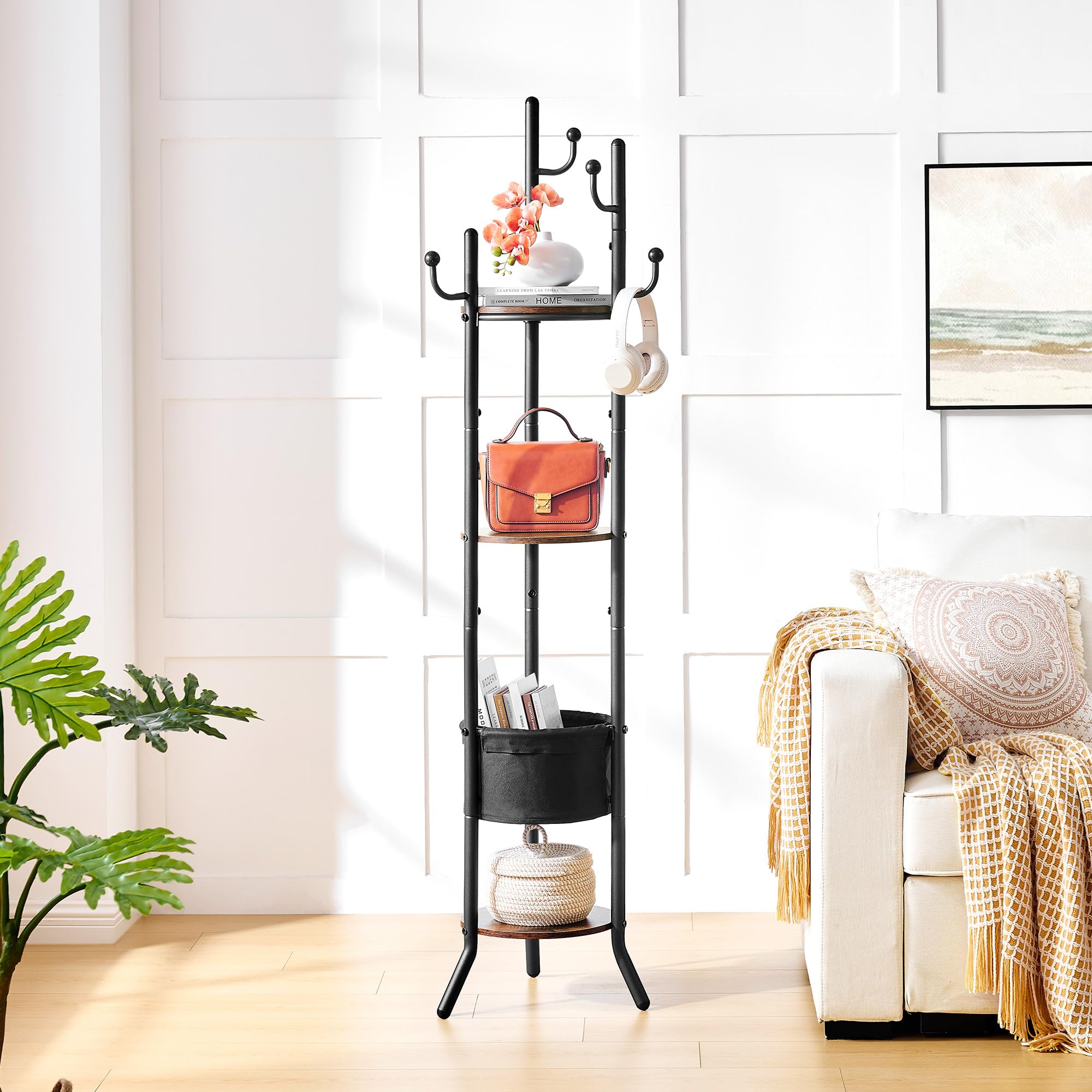 Hoctieon Coat Rack Freestanding, Round Coat Rack with 3 Wooden Shelves and 1 Fabric Basket, Metal Clothes Tree with 5 Hooks
