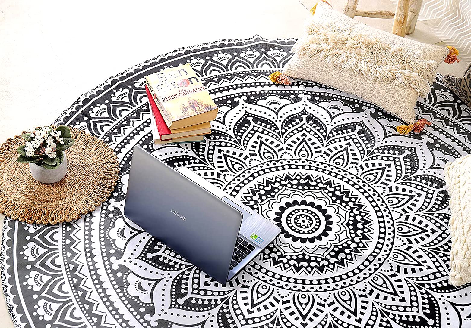 raajsee Grey Black Round Beach Tapestry Hippie/Boho Beach Blanket Mandala/Indian Cotton Throw