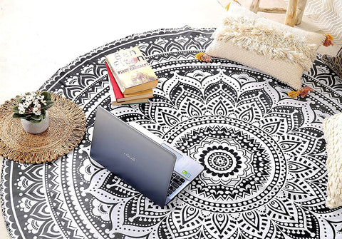raajsee Grey Black Round Beach Tapestry Hippie/Boho Beach Blanket Mandala/Indian Cotton Throw