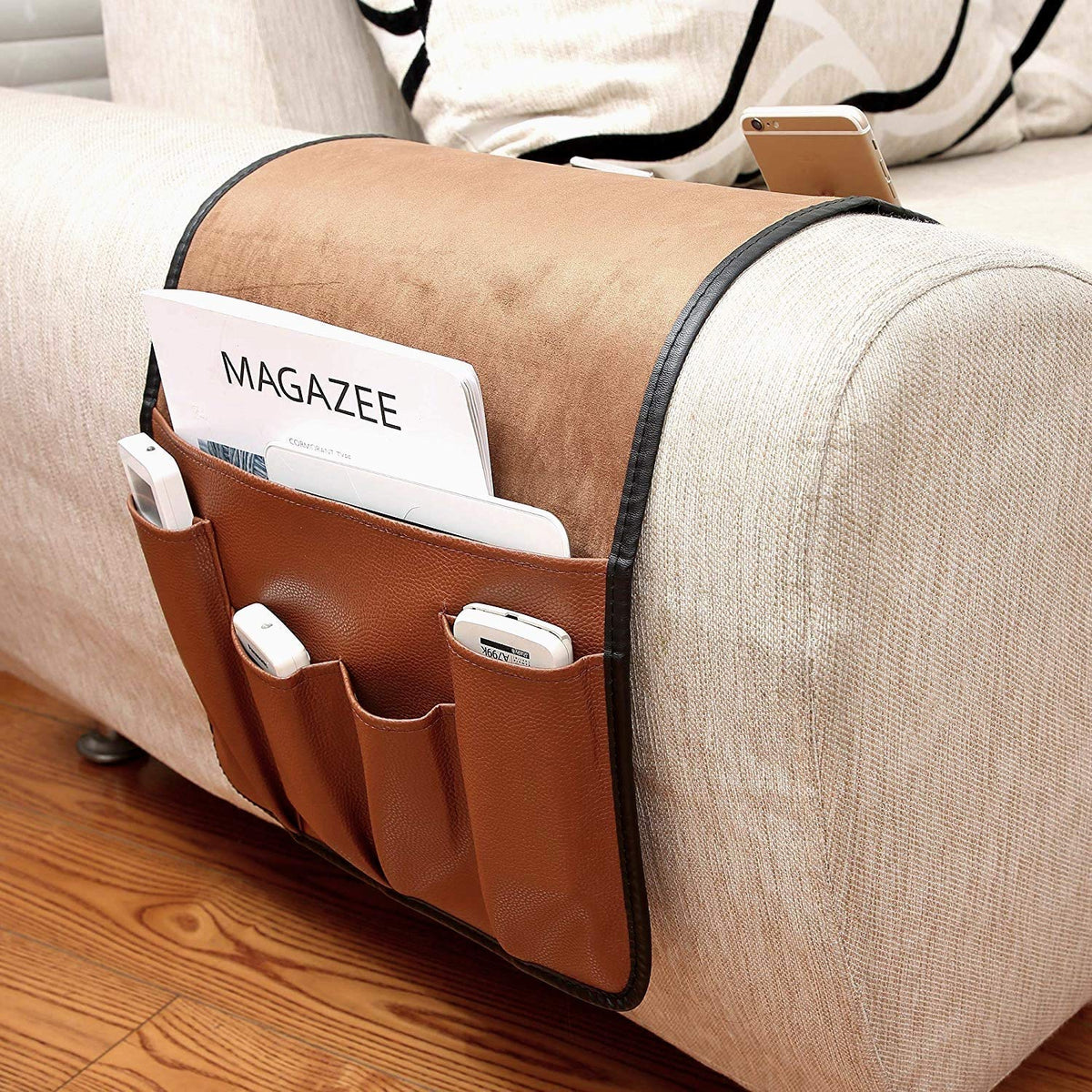 No-slip Leather Sofa Couch Remote Control Holder Chair Armrest Caddy Pocket Organizer Storage Bag for Cellphone Tablet Notepad Magazines Glassess