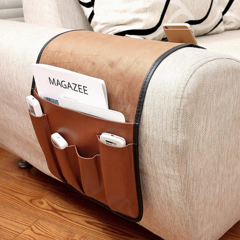 No-slip Leather Sofa Couch Remote Control Holder Chair Armrest Caddy Pocket Organizer Storage Bag for Cellphone Tablet Notepad Magazines Glassess