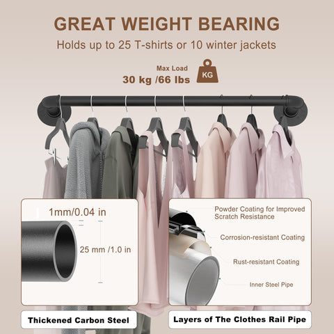 VOLISON Wall Mounted Clothes Rail, Industrial Pipe Clothes Rack, 47CM Detachable Metal Garment Clothing Rail