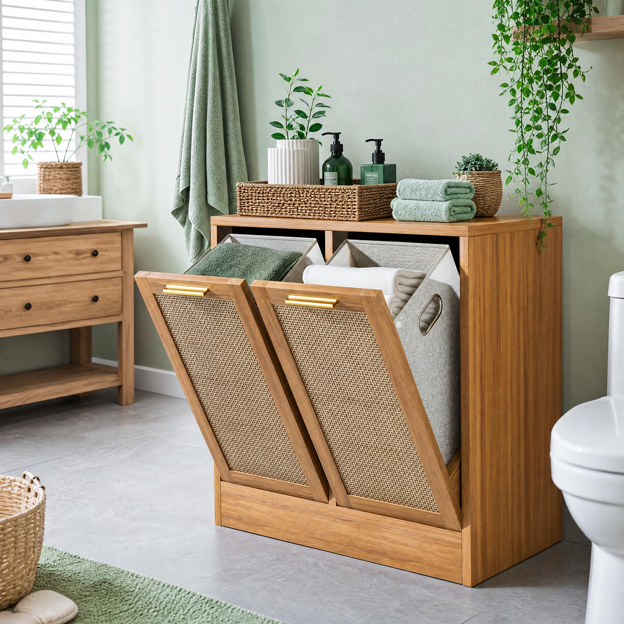 PATIOPIA Bathroom Cabinet with Laundry Baskets, Tilt Out Laundry Hamper, Bathroom Storage Cabinet with Real Rattan Design