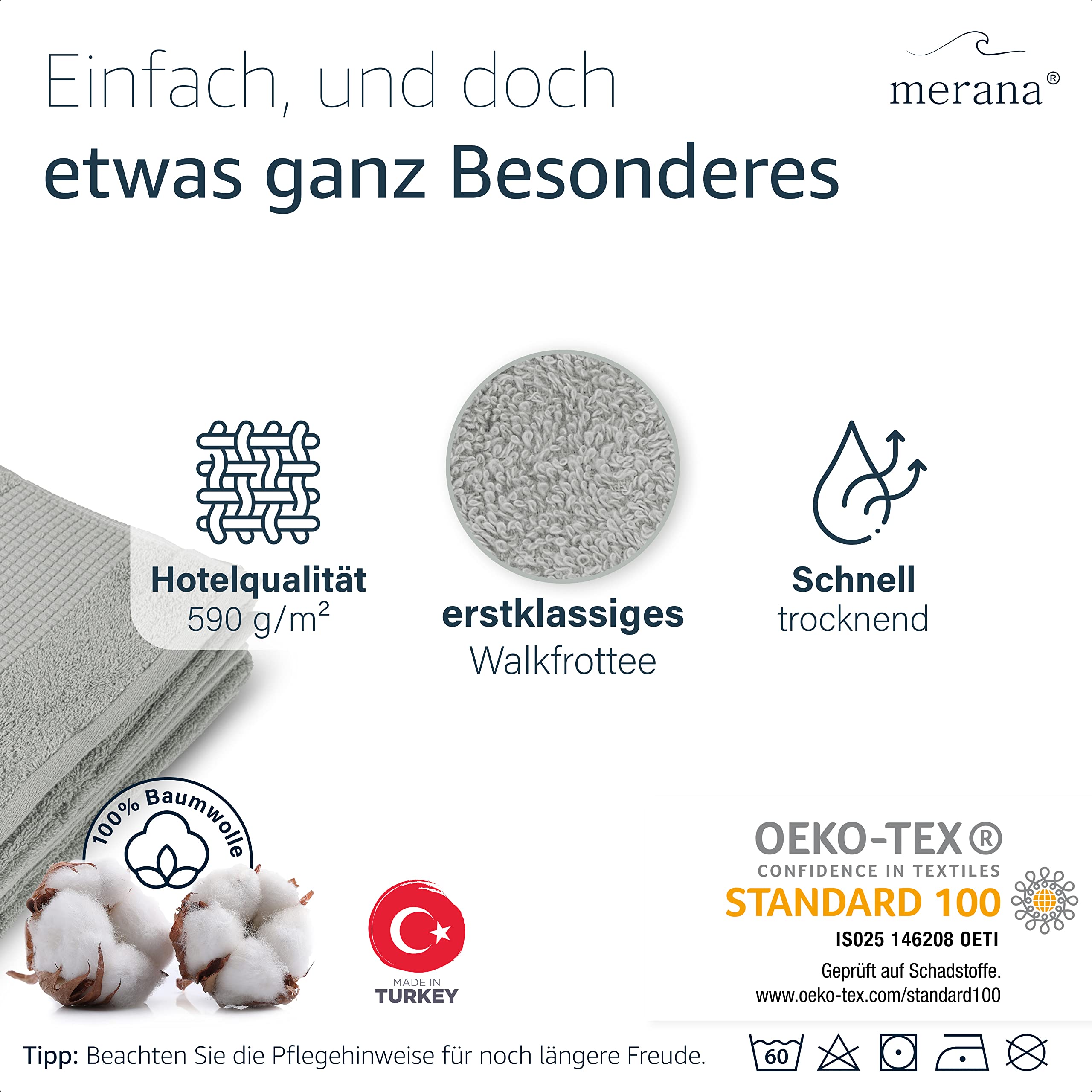 Merana Hand Towel Set, Absorbent, Soft and Lint Terry Towel Quality Made of Heavy Organic Cotton 590 GSM (Dolphin Grey, 4 x Guest Towels (30 x 50 cm)