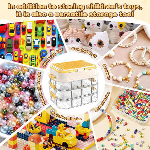 Focenat Stackable Brick Storage Box with Puzzle Compartments, 3 Tier Clear Plastic Container with Lids