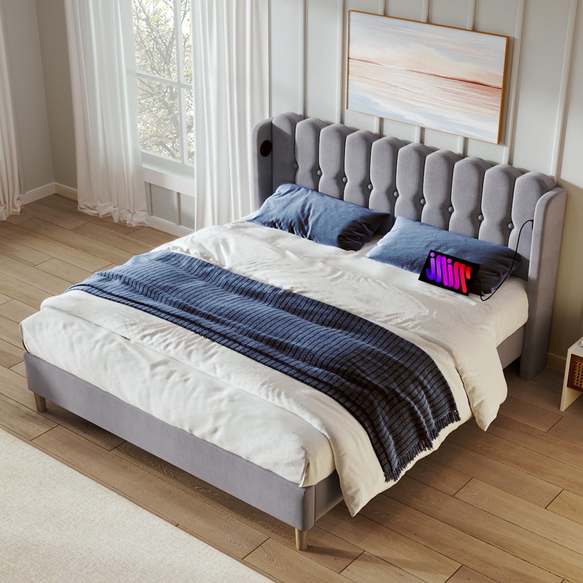 Merax Double bed frame, 4ft6 Double Upholstered Kids Bed, with USB and Type-C Charging, Sturdy Wooden Slatted Frame, No Mattress
