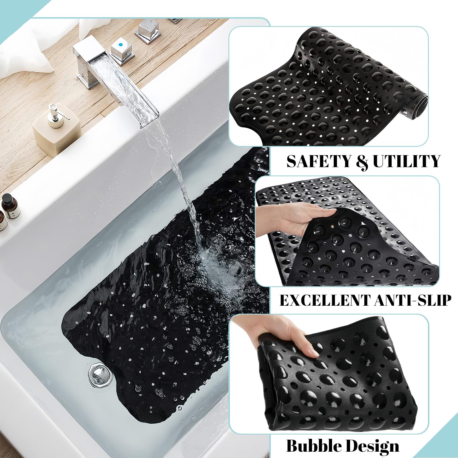 Shower Bath Mat 100x40cm,Extra Long Shower Mat Anti Mould Bath Mats Green,Non Slip Bath Mat for Tub,Shower Mats with Suction Cups,Drain Holes,Machine