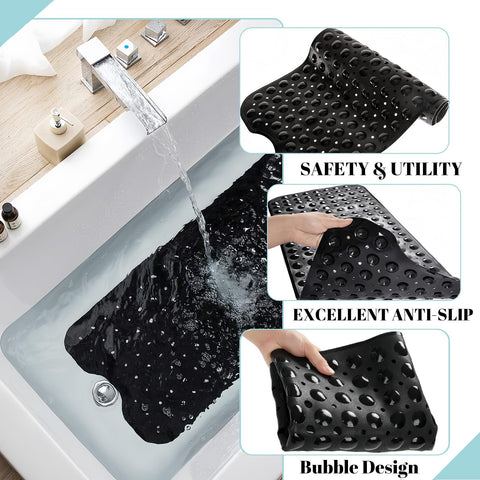 Shower Bath Mat 100x40cm,Extra Long Shower Mat Anti Mould Bath Mats Black,Non Slip Bath Mat for Tub,Shower Mats with Suction Cups,Drain Holes,Machine